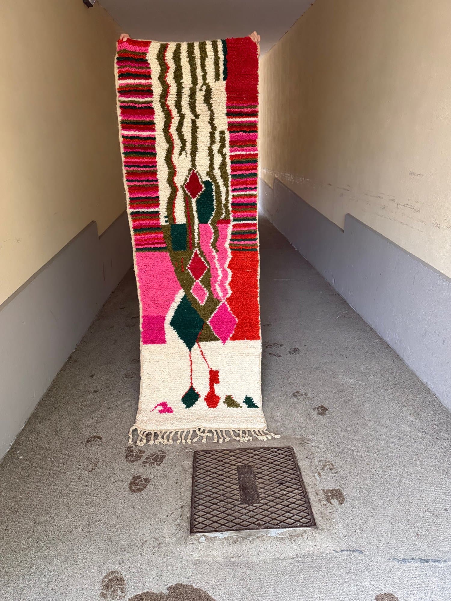 Handwoven Moroccan Wool Runner Rug in Pink, Red & Green