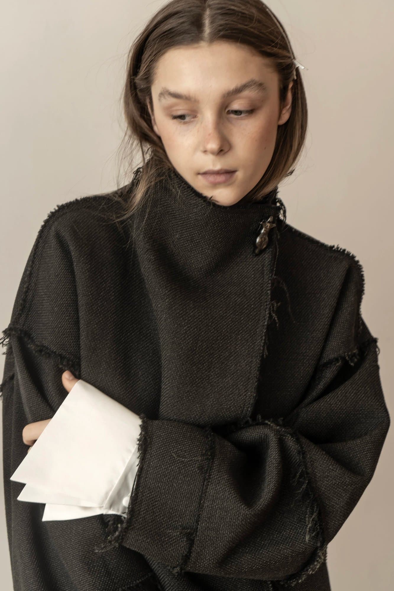 VINNYTSKA VEZHA OVERSIZE BLACK TRYPILLA CERAMIC BUTTONS COAT — K M by L A N G E
