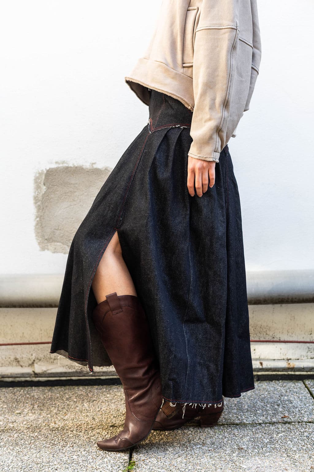 Paper rose long denim skirt