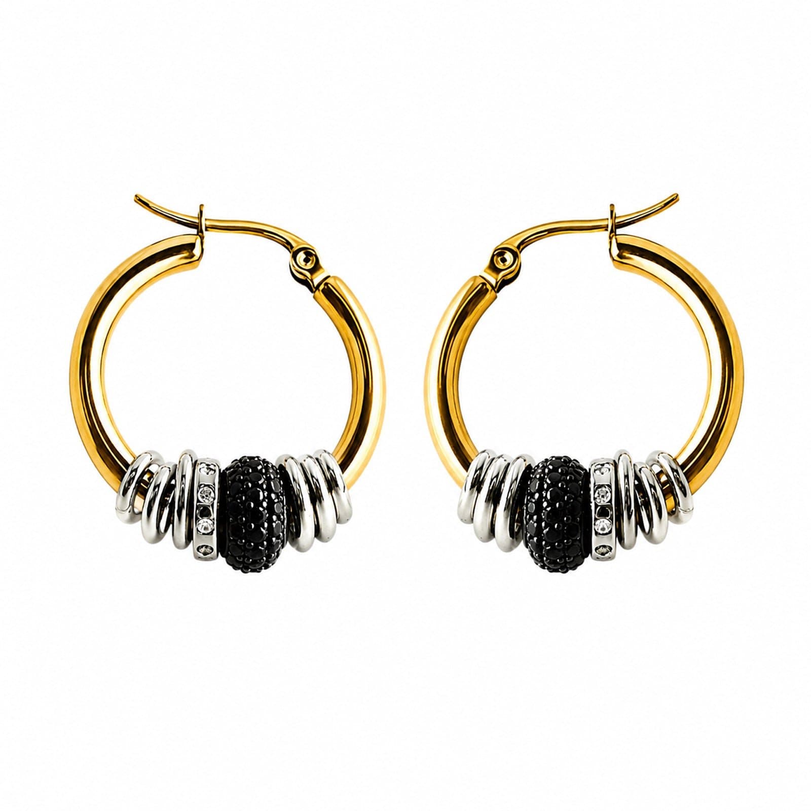 HALO Gold | Gold-Tone Hoop Earrings with Rings and Black Cubic Zirconia