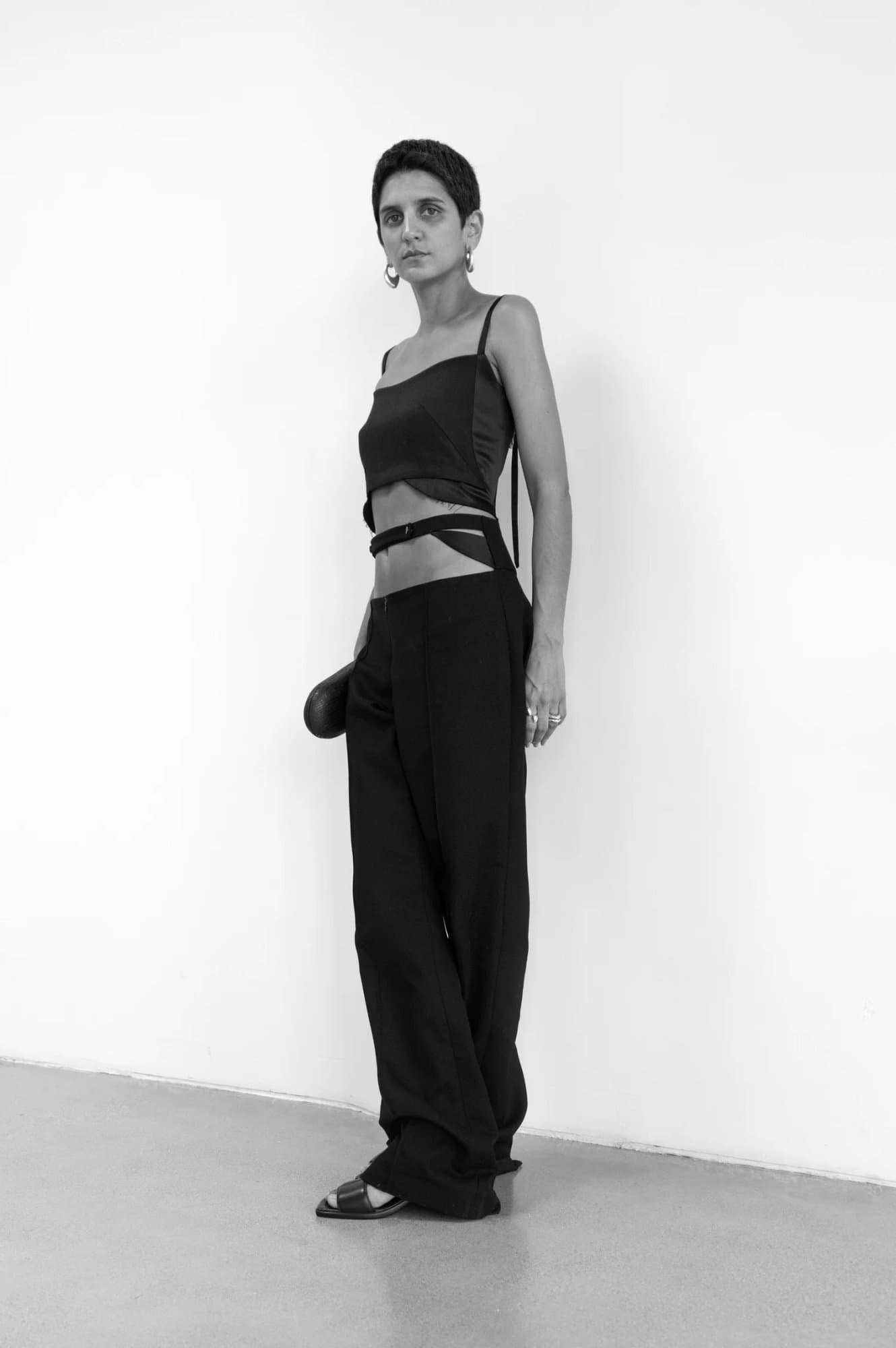 ROSHEN FOUNTAIN OPEN BELLY BLACK PANTS — K M by L A N G E