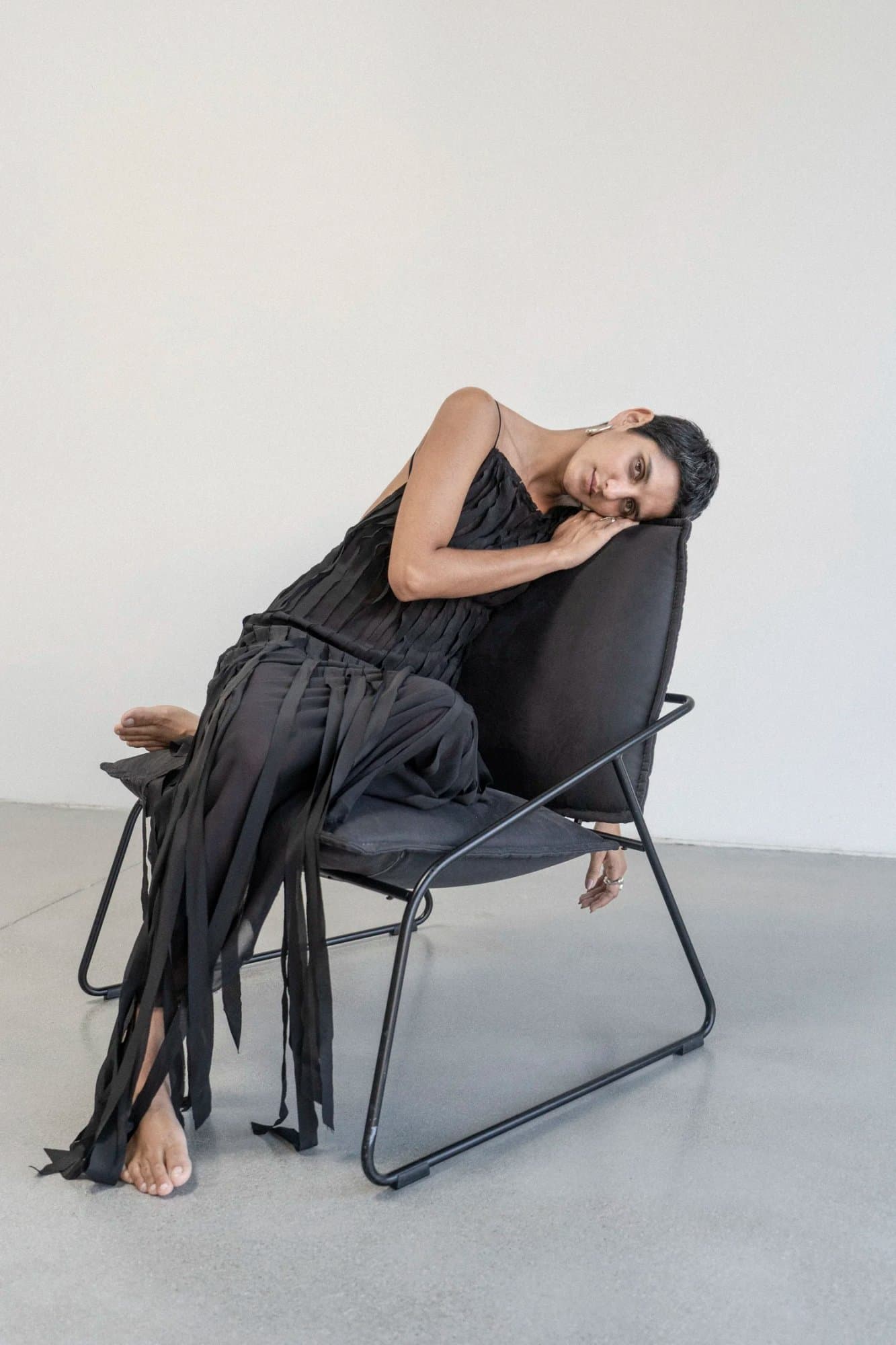 TEATRALNA BLACK PURE SILK STRIPS DRESS — K M by L A N G E