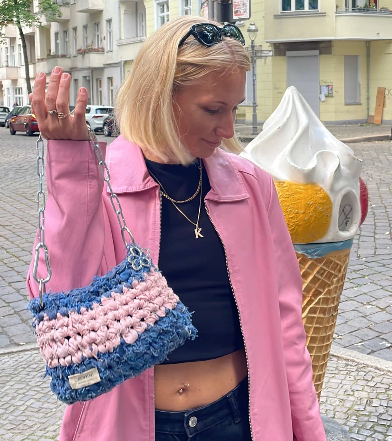 Handwoven Denim & Pink Rag Crochet Shoulder Bag with Chain Strap