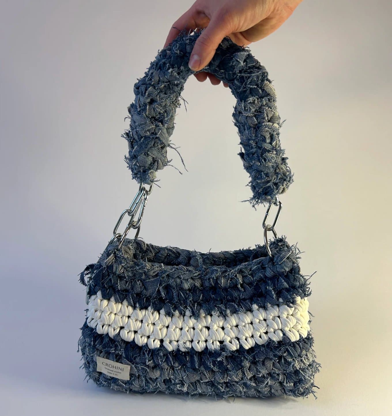 Handmade Crochet Denim Shoulder Bag with White Stripe