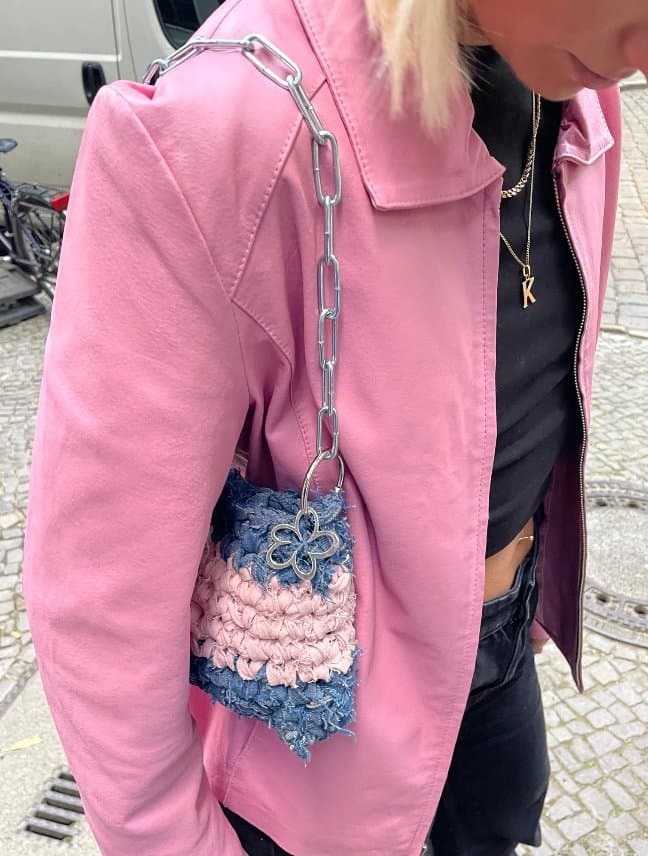 Handwoven Denim & Pink Rag Crochet Shoulder Bag with Chain Strap photo 2